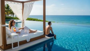 Couple relaxing by an infinity pool in a wooden cabana; woman in white robe lounging on a cushioned daybed with a tropical drink, man sits at edge with feet in water, ocean view in background