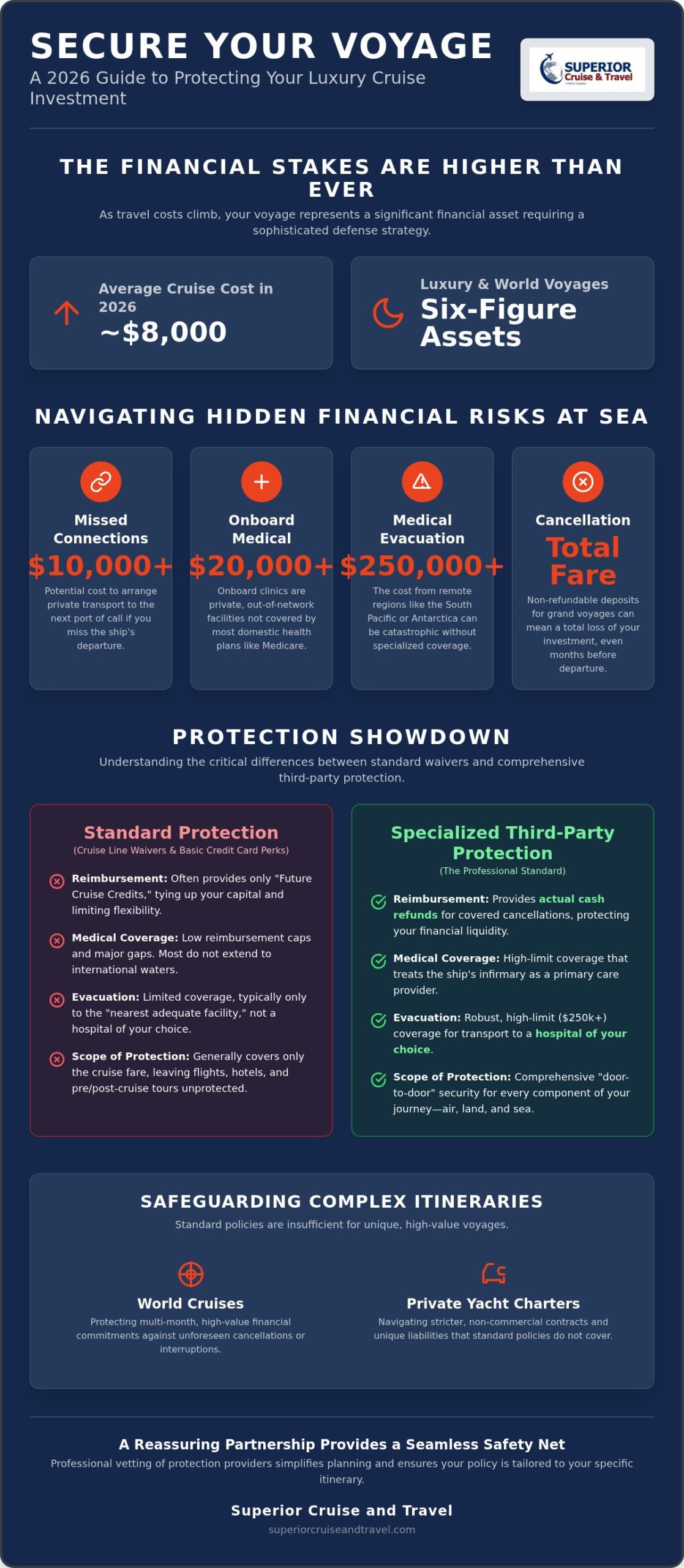 Protecting Your Cruise Investment A Luxury Travelers Guide to 2026 Protection Infographic | Superior Cruise Travel Protecting Your Cruise Investment A Luxury Travelers Guide to 2026 Protection
