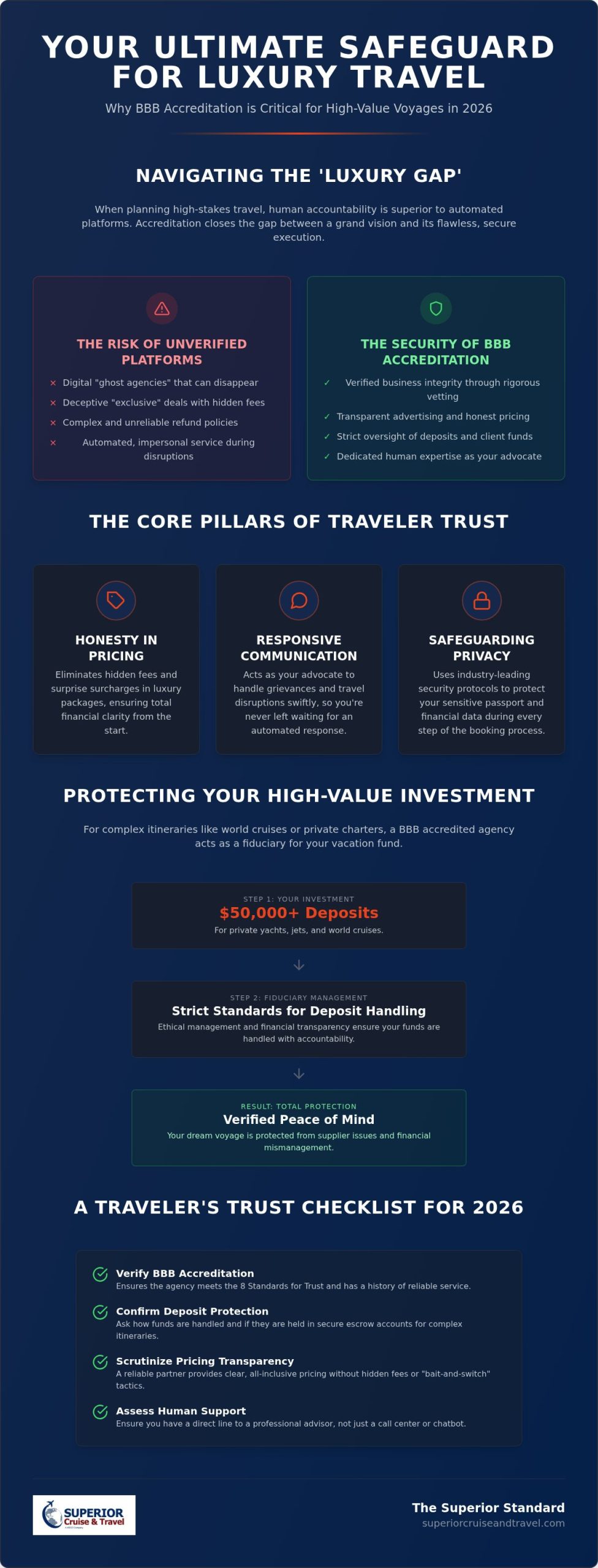 Why Booking with a BBB Accredited Travel Agency is Vital for Luxury Travel in 2026 Infographic | Superior Cruise Travel Why Booking with a BBB Accredited Travel Agency is Vital for Luxury Travel in 2026